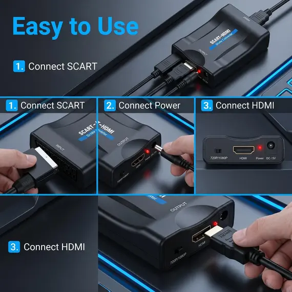 1080P SCART To HDMI-compatible with Supply Cable Audio Video Upscale Adapter Converter Plug and Play for HDTV Sky Box STB DVD