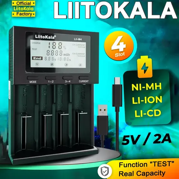 LiitoKala Lii-M4 18650 Charger LCD Display Universal Smart Charger Test Capacity 26650 18650 21700 AA AAA Battery 4slot 5V 2A