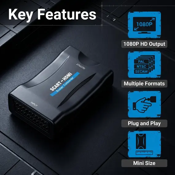 1080P SCART To HDMI-compatible with Supply Cable Audio Video Upscale Adapter Converter Plug and Play for HDTV Sky Box STB DVD