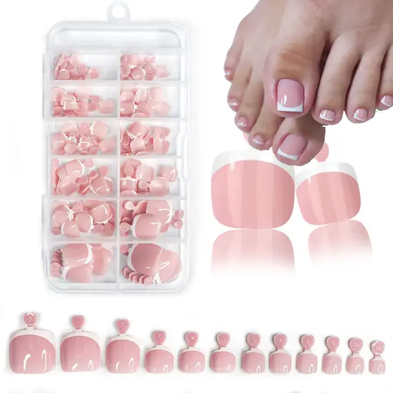 120Pcs Glossy Nude Pink French Press-On-Toenail Set 1*Box Short French Square  Fake Toe Nails Solid-Color Manicure Toenails Tips