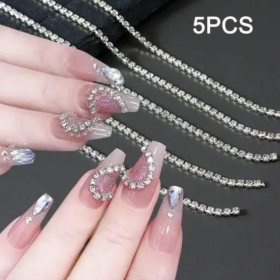 1 Pack  Long Luxury Sparkling Chain Nail Accessories Silvery Metal Chain with Diamond Decorations  for DIY Nails Art Decoration