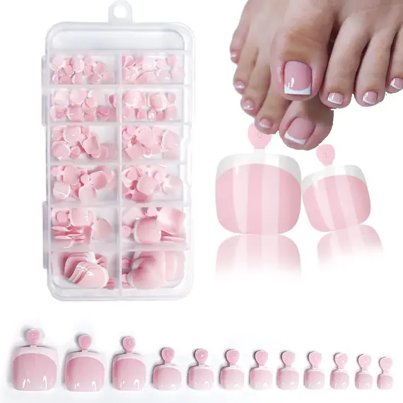 120Pcs Glossy Nude Pink French Press-On-Toenail Set 1*Box Short French Square  Fake Toe Nails Solid-Color Manicure Toenails Tips