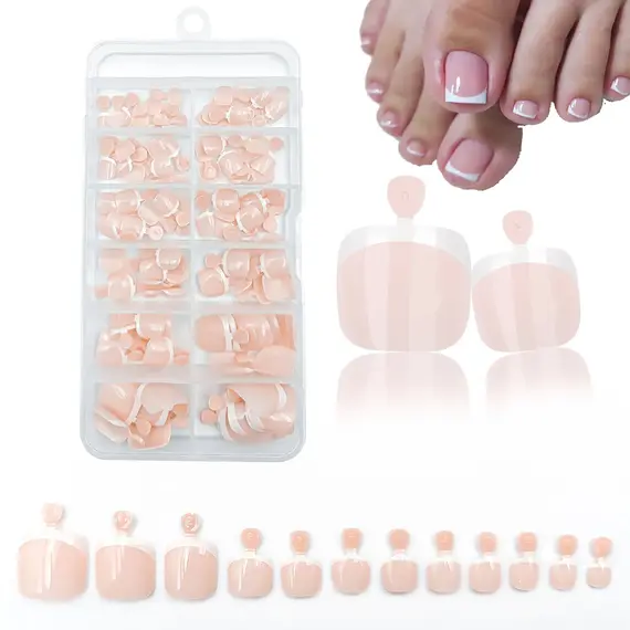 120Pcs Glossy Nude Pink French Press-On-Toenail Set 1*Box Short French Square  Fake Toe Nails Solid-Color Manicure Toenails Tips