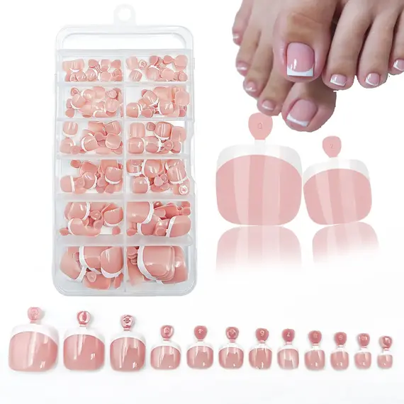 120Pcs Glossy Nude Pink French Press-On-Toenail Set 1*Box Short French Square  Fake Toe Nails Solid-Color Manicure Toenails Tips