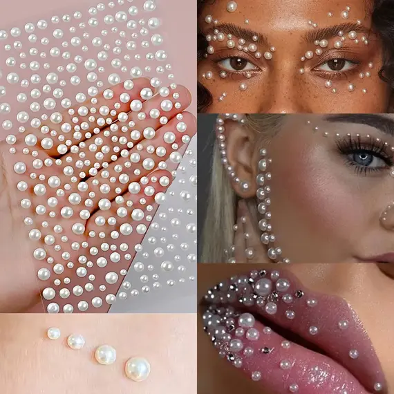 3D Round White Pearl Rhinestones Face Gem Stickers 3/4/5mm Mixed Self-adhesive Pearl Beads Jewel Face,Body,Nail,Hair Decoration