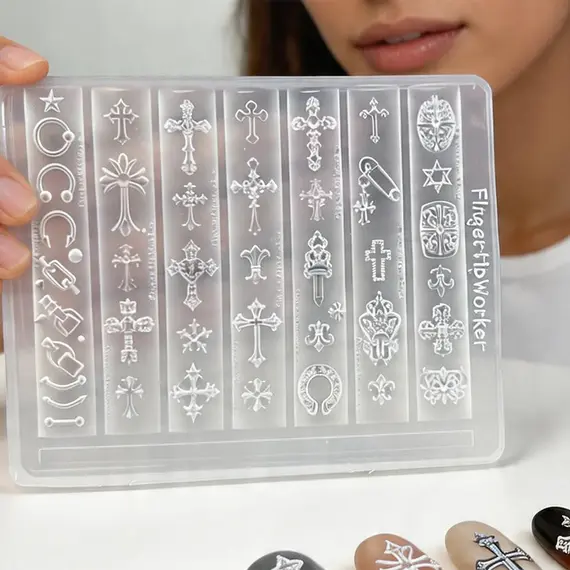 3D Gothic Rivet Nail Art Mold Transparent Silicone DIY Punk Letter Relief Carving Decor 11.5*9cm Manicure Tool Nail Charms Mold