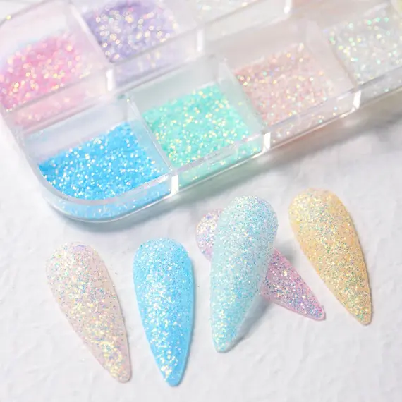 12 Grids Glowing in The Dark Glitter Shiny Holographic Sugar Nail Powder Luminous Effect Nail Art Chrome Pigment Flakes Dust