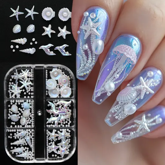 6Grids Pearlescent Shell Nail Charms Mini White Starfish, Shells, Pearl Design Ice-Clear Aurora Ocean Series Nail Rhinestones
