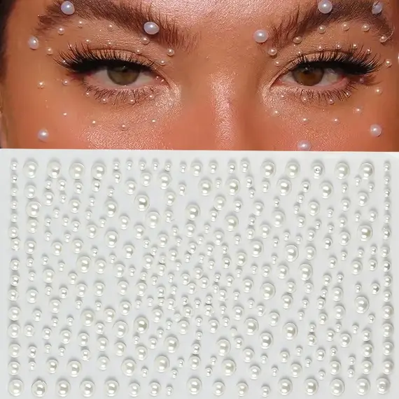 3D Round White Pearl Rhinestones Face Gem Stickers 3/4/5mm Mixed Self-adhesive Pearl Beads Jewel Face,Body,Nail,Hair Decoration