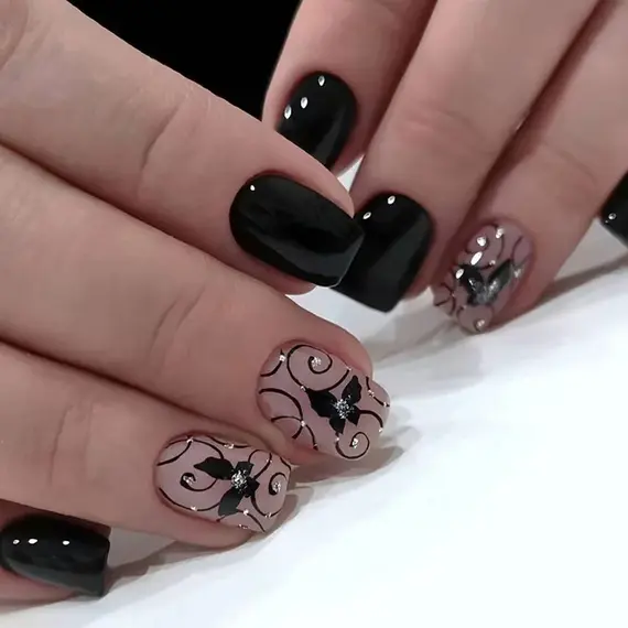 24pcs/set short saure fake nails for Spring summer season french style flowers butterfly design press on false nail art tips