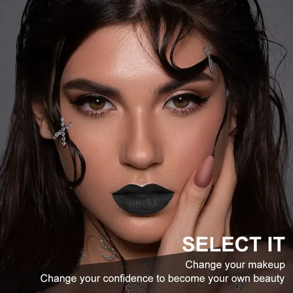 Matte black lipstick, long-lasting waterproof, no creases, Gothic dark makeup party, Halloween cosplay makeup
