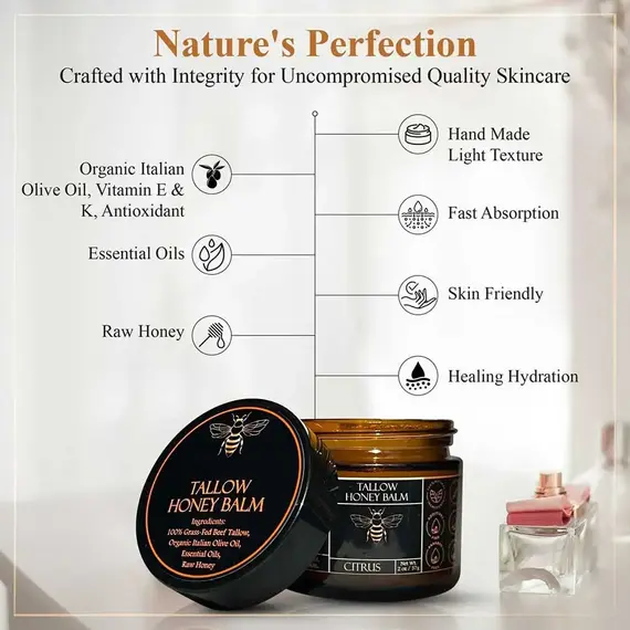 Organic Grass Fed Beef Tallow Balm With Raw Honey Moisturizing Cream For Soft Smooth Skin Handmade All-Natural Moisturizer Skin