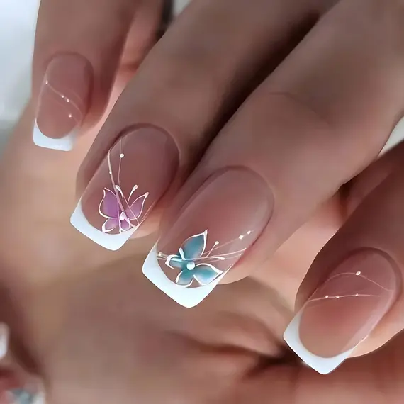 24pcs/set short saure fake nails for Spring summer season french style flowers butterfly design press on false nail art tips