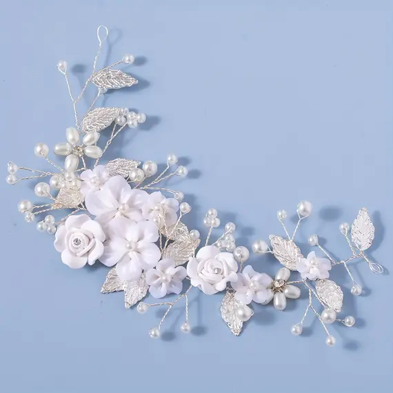 1Pc Flower Bride Wedding Hair Vine Pearl Bridal Hair Piece Leaf Hair Accessories Rhinestone Headband For Women And Girls