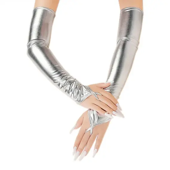 Womens Lacquer Leather Hook Finger Long Gloves Cosplay Nightclub Pole Dance Stage Performance Sexy Fingerless Mittens Accessory
