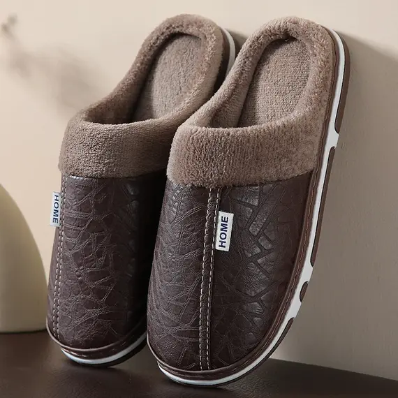 Mens Winter Slippers PU Leather Waterproof Indoor House Shoes Big Size Warm Fur Lined Home Bedroom Slippers
