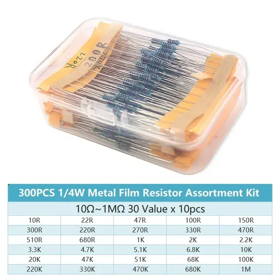 300/600PCS 1/4W Metal Film Resistor Kit Resistance 1% 30 values 10 Ohm ~1M 0.25w Resistors Set