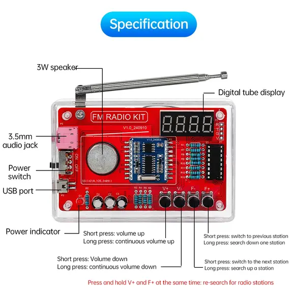 RDA5807 87-108MHz FM Radio DIY Radio Soldering Kit Suitable for School Teaching and DIY Enthusiasts Etc.