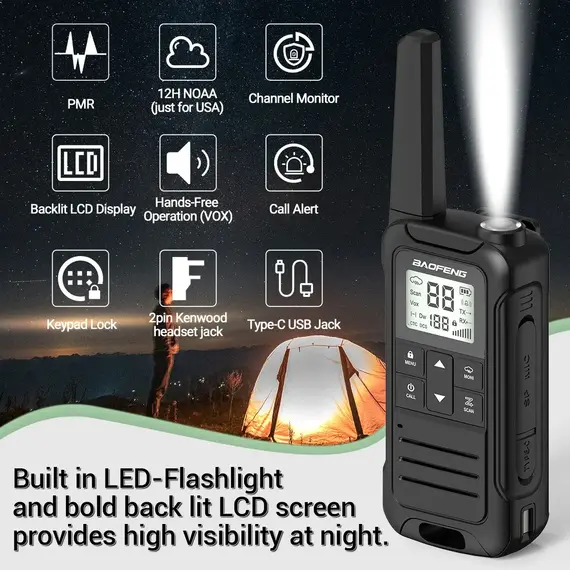 2pcs Baofeng F22/T22 Mini Walkie Talkie PMR Long Range Rechargable Portable Two Way Radio Type-C Charger VOX for Camping Trip