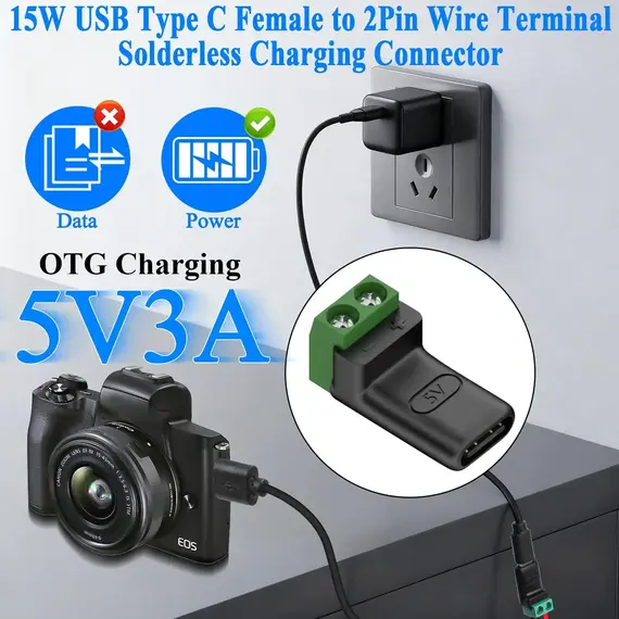 1-4Pcs 5V Crimp Terminal Block Green Data Transfer Charging Connector 5V Solderless Plug USB C To 2Pin Terminal Adapter Screw