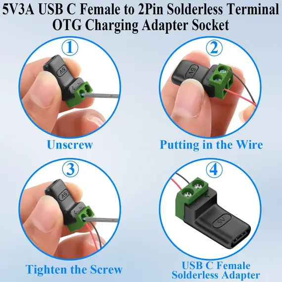 1-4Pcs 5V Crimp Terminal Block Green Data Transfer Charging Connector 5V Solderless Plug USB C To 2Pin Terminal Adapter Screw
