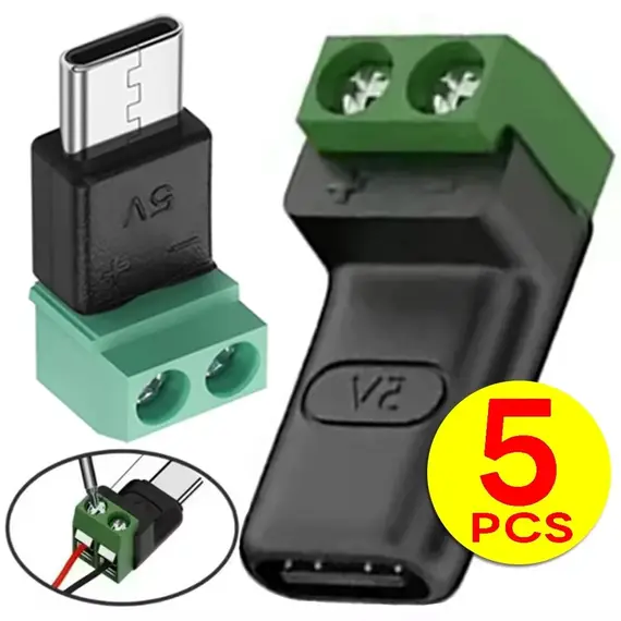 1-4Pcs 5V Crimp Terminal Block Green Data Transfer Charging Connector 5V Solderless Plug USB C To 2Pin Terminal Adapter Screw
