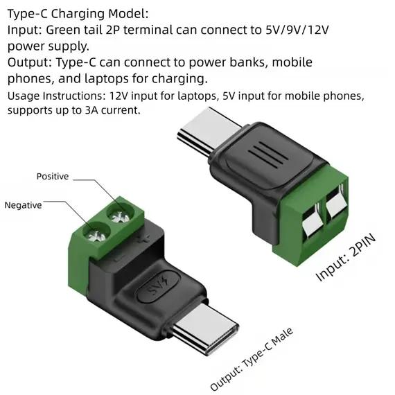 1-4Pcs 5V Crimp Terminal Block Green Data Transfer Charging Connector 5V Solderless Plug USB C To 2Pin Terminal Adapter Screw