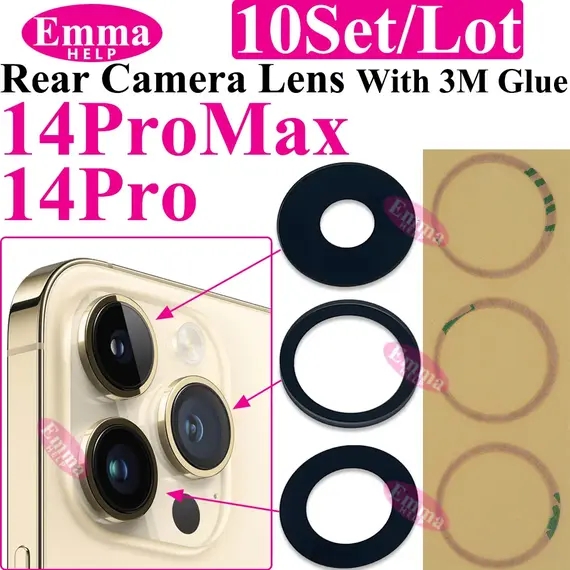 Emmahelp 10pcs A+ Back Camera Glass for iPhone 11 12 13 14 15 Pro Max 13Mini XR XS 14Plus Rear Camera Cover Lens 3M Sticker