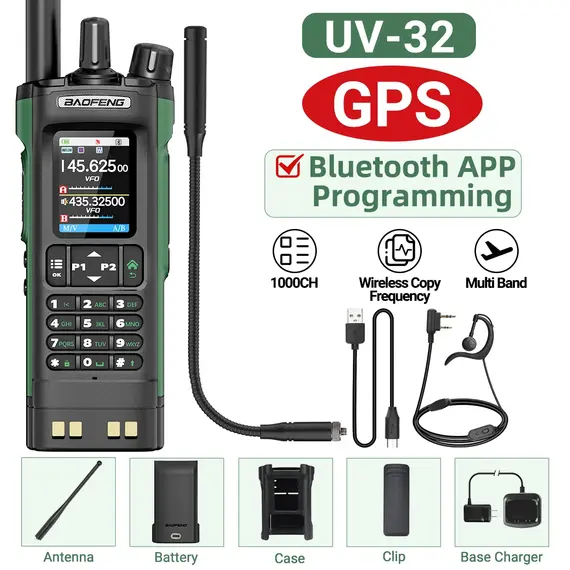 BAOFENG UV-32 GPS Walkie Talkie 10W Multi Band Bluetooth Programming Wireless Copy Frequency NOAA Long Range Ham Two Way Radio