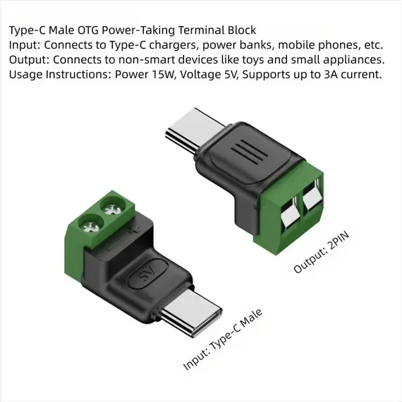1-4Pcs 5V Crimp Terminal Block Green Data Transfer Charging Connector 5V Solderless Plug USB C To 2Pin Terminal Adapter Screw