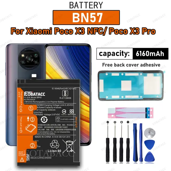 100% New High Quality 6160mAh BN57 Battery For Xiaomi Poco X3 Pro / Poco X3 NFC Batteries+Free Tools