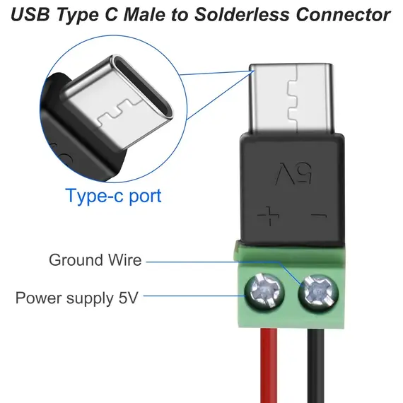 1-4Pcs 5V Crimp Terminal Block Green Data Transfer Charging Connector 5V Solderless Plug USB C To 2Pin Terminal Adapter Screw
