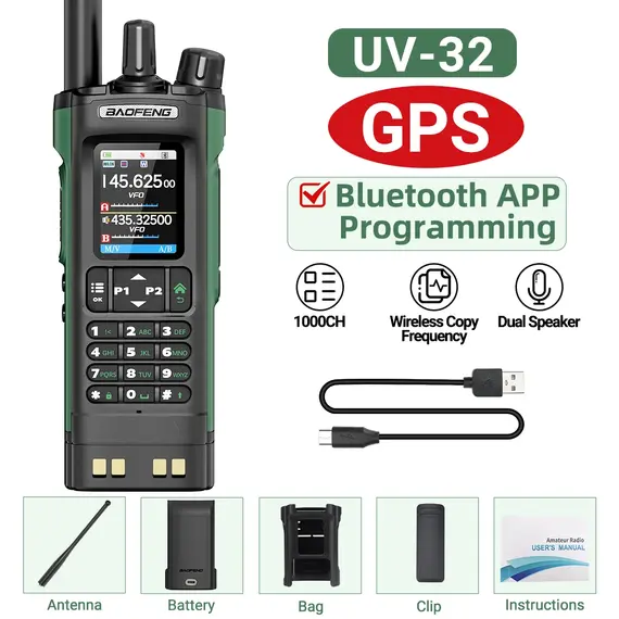 BAOFENG UV-32 GPS Walkie Talkie 10W Multi Band Bluetooth Programming Wireless Copy Frequency NOAA Long Range Ham Two Way Radio