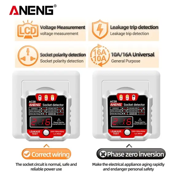 ANENG AC27/AC28 Digital Socket Power Tester  50Hz/60Hz Socket Polarity Detector Voltage Tester Circuit Breaker Finder EU/US Plug
