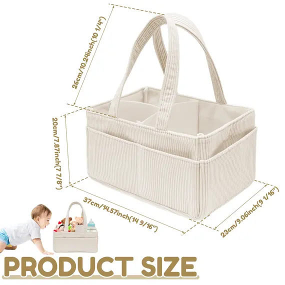 Baby Diaper Caddy Organizer Corduroy Diaper Storage Basket with Handle Foldable Multi-pocket Newborn Nappy Storage Organizer
