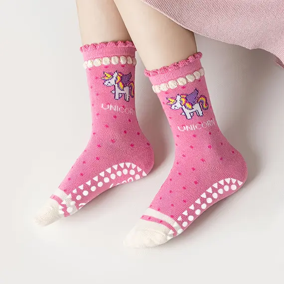 5-Pack Children's Dotted Floor Socks with Rainbow Unicorn Pattern and Lace Trim, Suitable for Boys and Girls, Baby Toddlers, Soft-Soled Indoor Non-Slip Polka Dot Lace Mid-Tube Socks, Ideal for Casual Daily Life
