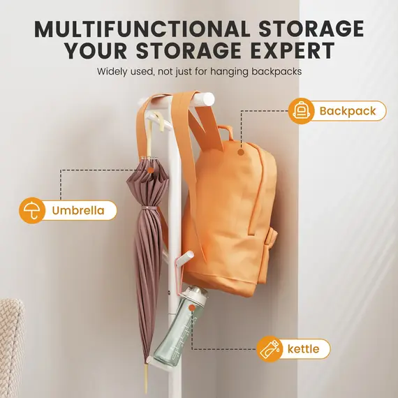 Floor-Standing Backpack Hanger, Bedroom Coat and Hat Rack, Children's Backpack Stand, Desk-Side Hook, Bedside Bag Organizer
