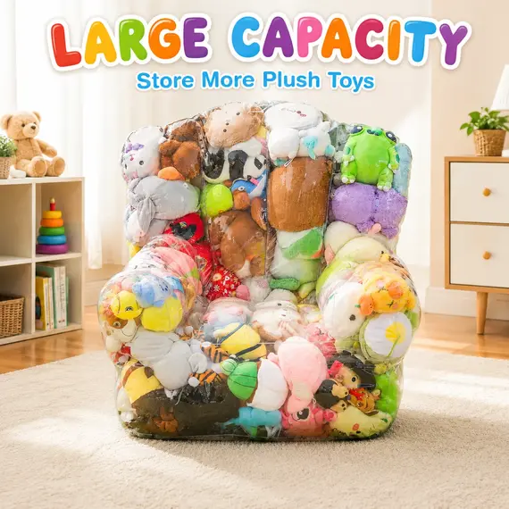 Storage Bag Clear PVC, Large Capacity Sofa Seat Cube Lounger with Zipper, Stuffed Animal Storage Bean Bag Chair Cover Plush Toy
