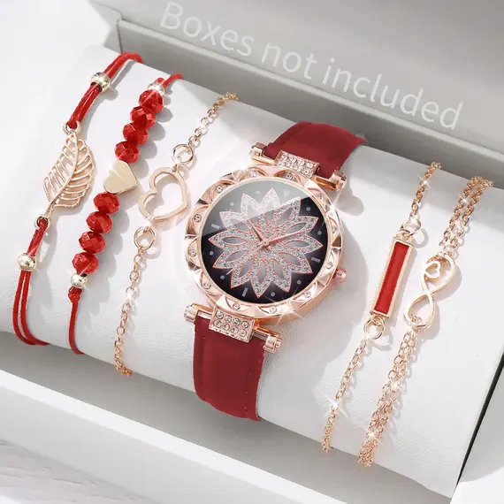 6PCS/Set Fashion Heart Dial Women's Watch Casual Leather Band Analog Quartz Watch Leaf Bracelets Set（Without Box）