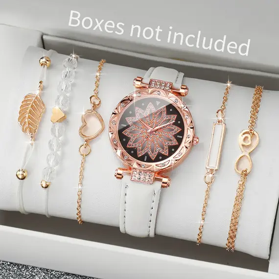 6PCS/Set Fashion Heart Dial Women's Watch Casual Leather Band Analog Quartz Watch Leaf Bracelets Set（Without Box）