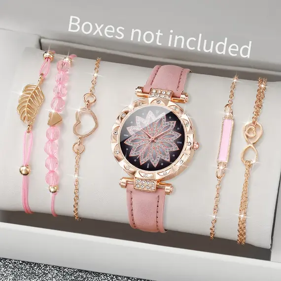 6PCS/Set Fashion Heart Dial Women's Watch Casual Leather Band Analog Quartz Watch Leaf Bracelets Set（Without Box）