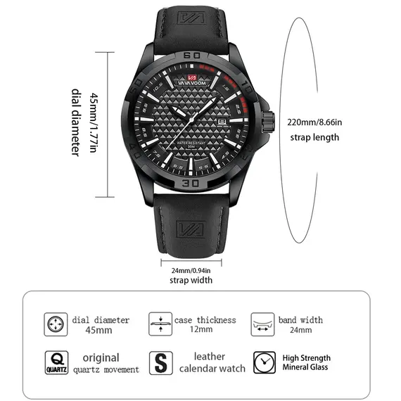 VA VA VOOM Men Casual Sport Military Quartz Calendar Wrist Watch for Man Business Leather Waterproof Male Clock Relogio Masculin