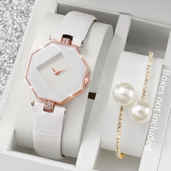 2PCS Fashion Women's Watches Casual Leather Band Analog Quartz Watch Pearls Bracelet Set（Without Box）