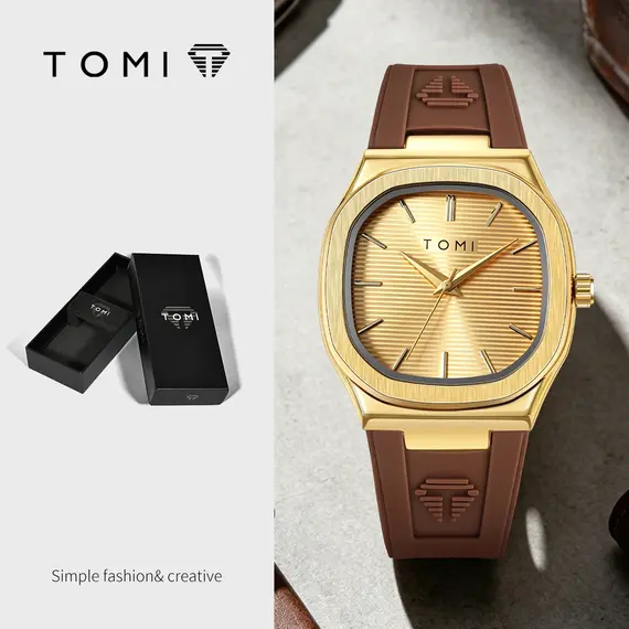 TOMI 2026 New Fashion Men's Quartz Watch Simple Square Dial Rubber Strap Waterproof Analog Wristwatch