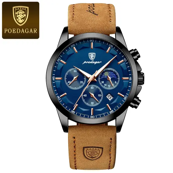 POEDAGAR Sports Luxury Men Quartz Watch Waterproof Chronograph Luminous Date Man Wristwatch Business Leather Men's Watches Clock
