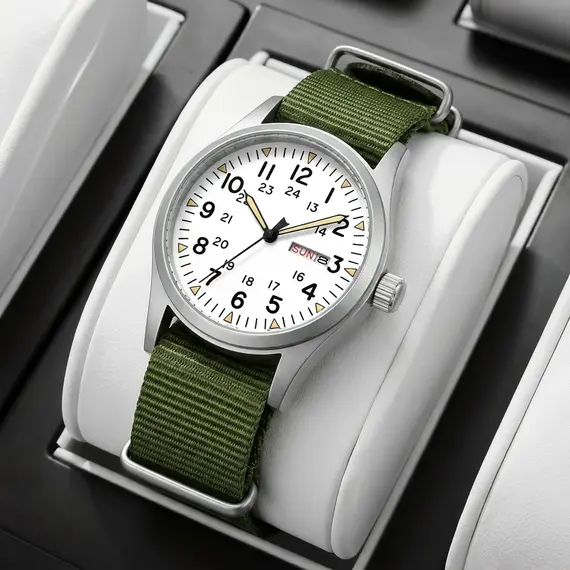 TPW 2026 Luminous 38mm Men's Field Watch Easy Read Fabric Strap 24hr Display Date Day Function Quartz Movement