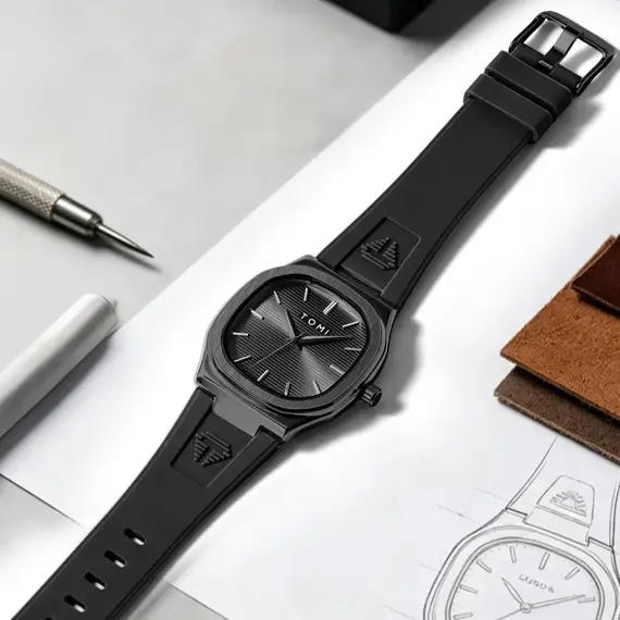 TOMI 2026 New Fashion Men's Quartz Watch Simple Square Dial Rubber Strap Waterproof Analog Wristwatch