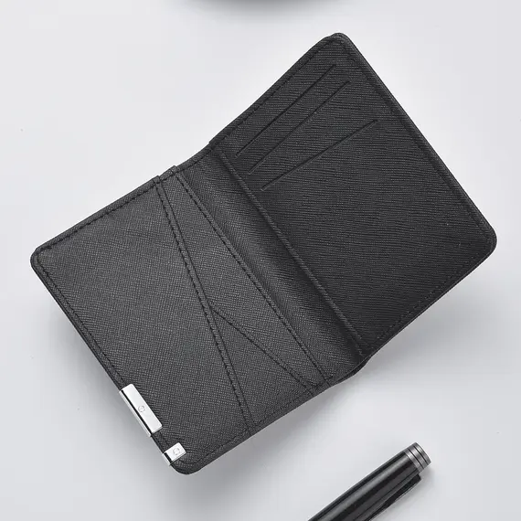 Black Faux Leather Small Slim Business-Style Wallet - Multiple Card Slots, Credit Card and Driver's License Holder, Geometric In