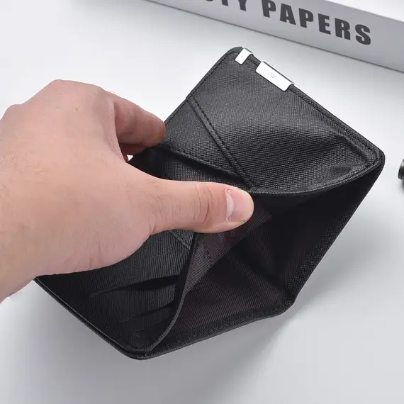 Black Faux Leather Small Slim Business-Style Wallet - Multiple Card Slots, Credit Card and Driver's License Holder, Geometric In