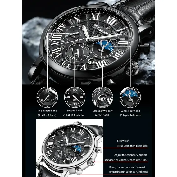 CHENXI 973 Men Quartz Watch Fashion Business Moon Phase Date Multifunctional Chronograph Leather Strap Wristwatch